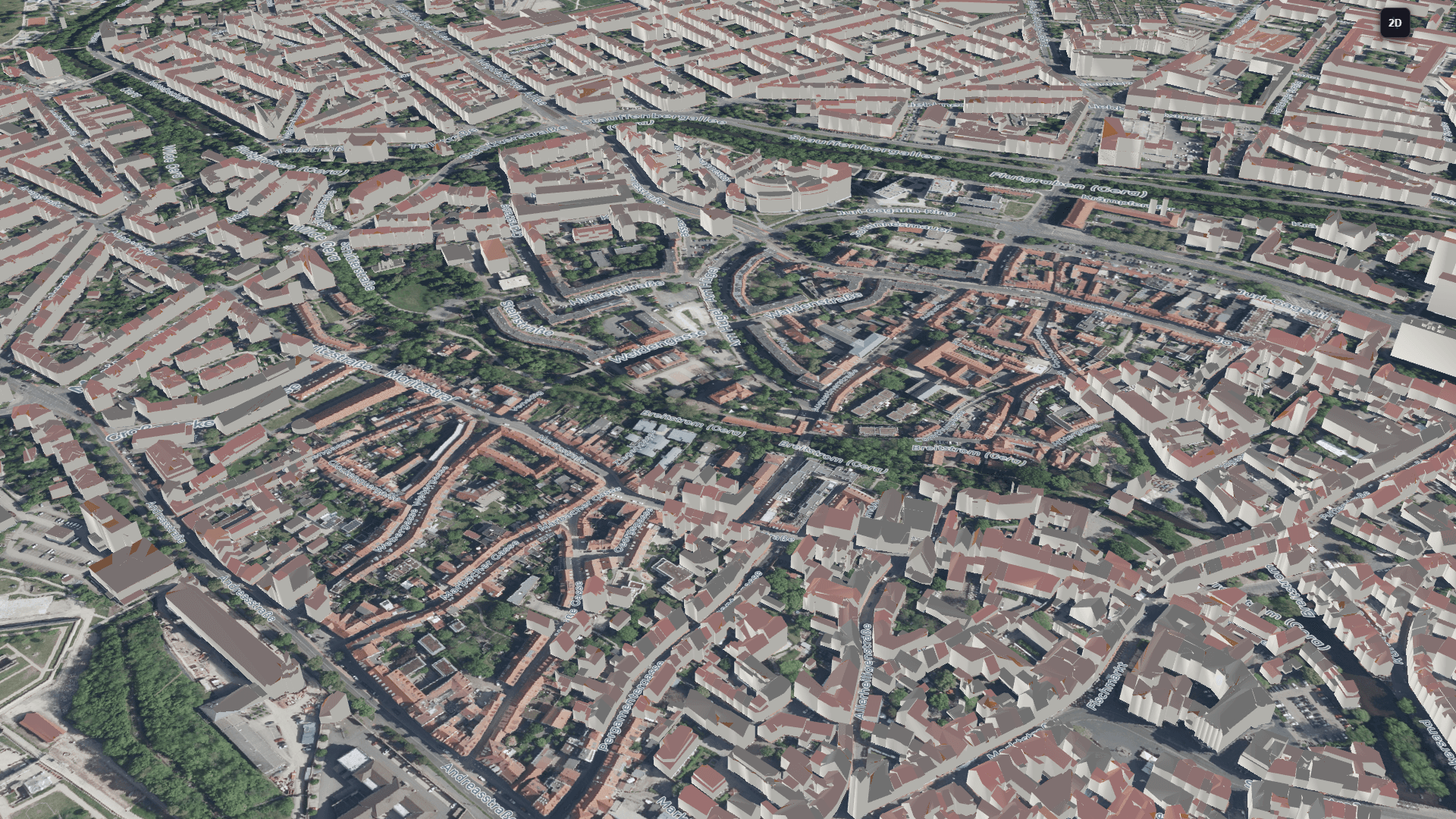 3D-Lagebild der Erfurter Innenstadt mit Gebäudezwillingen und KRITIS-Punkten