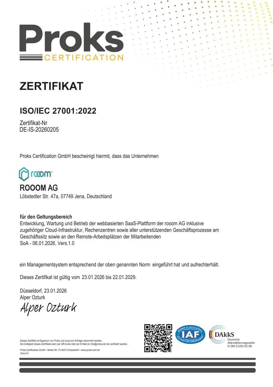 Zertifikat ISO/IEC 27001:2022 der rooom AG, Proks Certification GmbH